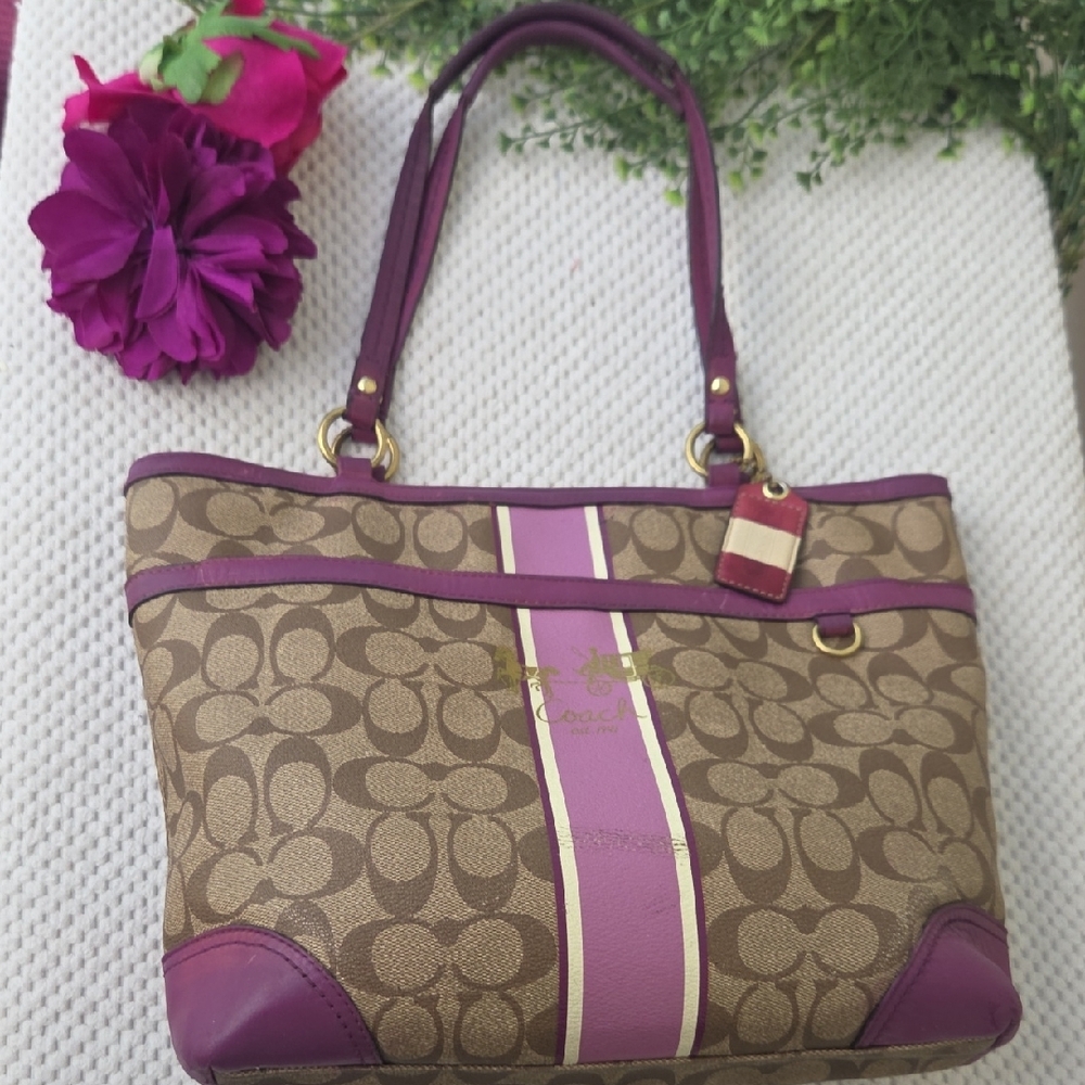 Coach Brown Purple Vintage Signature Coated Canvas Tote - Picture 3 of 16